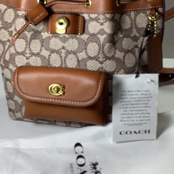 Coach Tan Leather-Trim Signature Canvas Backpack